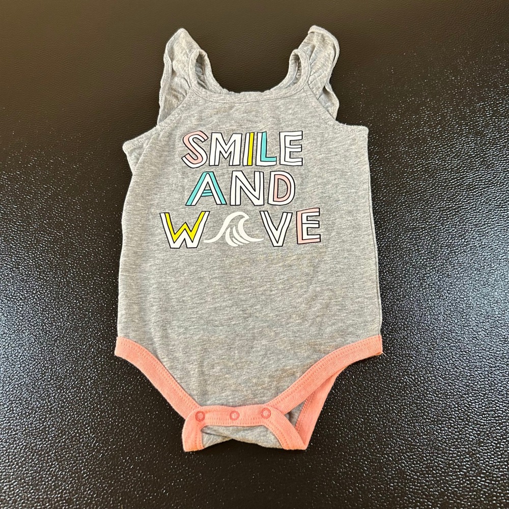 Okie Dokie Smile Wave Bodysuit Sleeveless Summer Outfit Cute Gray Baby 12M